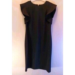 Calvin Klein Ruffle Sleeve Sheath Dress Sz 10  Black Back Gold Zipper Midi